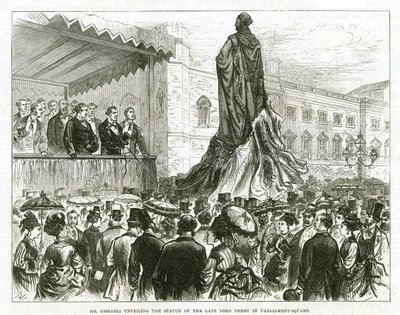 ウェストミンスターの国会議事堂広場で故ダービー卿の像を発表したDisraeli 作： English School