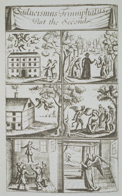 19世紀後半に出版されたマジックの歴史で使用された、ジョセフグランビル、ロンドン1681年のサダムジスムストライアンファタスパートIIのイラストのコピー、悪魔の多様な症状 作： English School