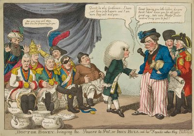 ドクター・ボニー_ポットに力をもたらす...、1808年の手彩色彫刻。 作： English School