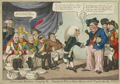 ジョン・ブルとその仲間たちは、恥ずかしがり屋です。1808年（手彩色彫刻）。 作： English School