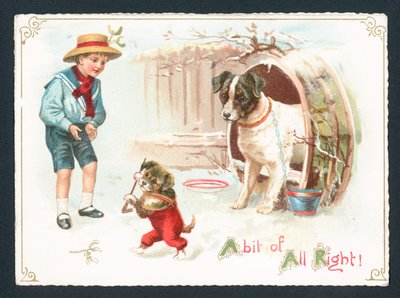 犬、子犬、雪の中で遊ぶ男の子、クリスマスカード 作： English School