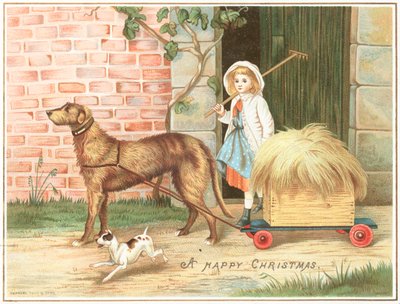 干し草でいっぱいカートを引っ張る犬、クリスマスカード 作： English School