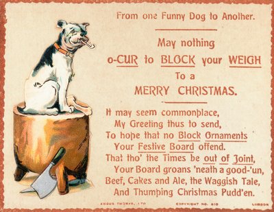 チョッピングブロック、クリスマスカードに座っている犬 作： English School