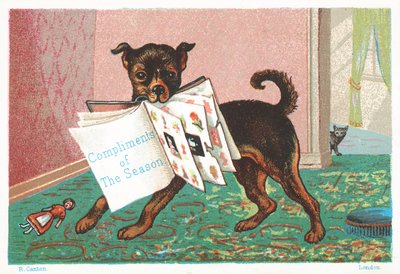 口の中に本を持つ犬、クリスマスカード 作： English School