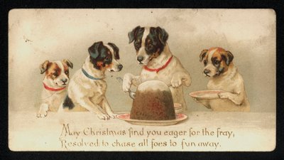 クリスマスプディングを盛る犬たち、グリーティングカード。(chromolitho) 作： English School