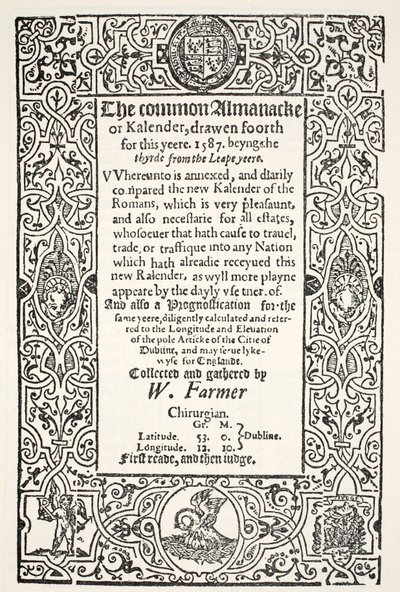 W. Farmerによる1587年のダブルアルマナック（共通および新規）と1587年のダブリンの予測、WatkinsおよびRobertsによる印刷、1587 作： English School