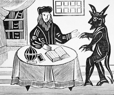 悪魔とのカウンセルにおけるファウスト博士、クリストファー・マーロウ（1564-93）によるファウスト博士の紳士語訳から、esotericaのチャプブック集から1648 作： English School