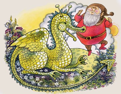 ふくよかなひげを生やした男とドラゴン 作： English School