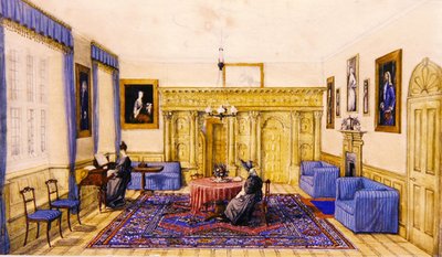カントリーハウスのドローイングルームのインテリア 1830年頃（紙に水彩画） 作： English School