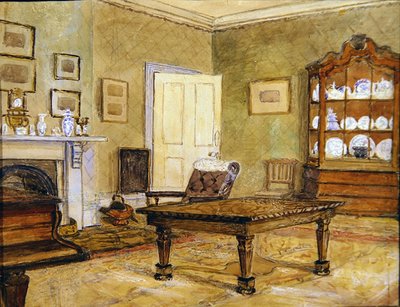 陶磁器コレクションのある応接室のインテリア 1890年頃 （紙に水彩画） 作： English School