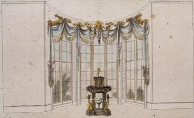 応接室の窓のカーテンとジャーディニエール、1809年から28年に発行されたアッカーマンの「芸術のリポジトリ」のプレート101（カラーリトグラフ） 作： English School