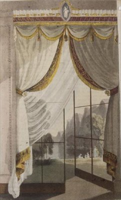 応接室の窓のカーテン、アッカーマンの『芸術のリポジトリ』（1809-28年刊）のプレート100（カラーリトグラフ 作： English School