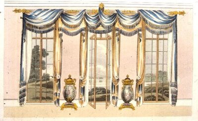 1820年に出版された「アッカーマンの芸術のリポジトリ」のプレート109に掲載されている画室の窓のカーテン（カラーリトグラフ）。 作： English School