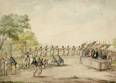 オランダの裁判官とジャワの統治者が犯罪者の処刑と切断を目撃しているジャワ 作： English School