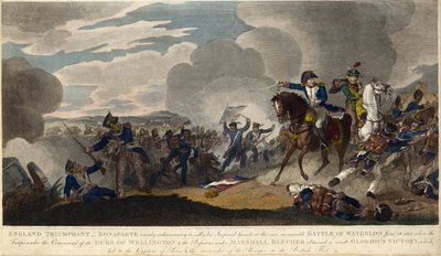 イングランドの勝利。 ワーテルローの戦いで近衛兵を結集させようとするナポレオン、c. 1815年（彫刻） 作： English School