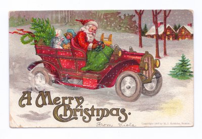 1910年頃、雪の中をビンテージカーを運転するクリスマ父のエドワーディアン・クリスマス・ポストカード（カラーリトグラフ） 作： English School