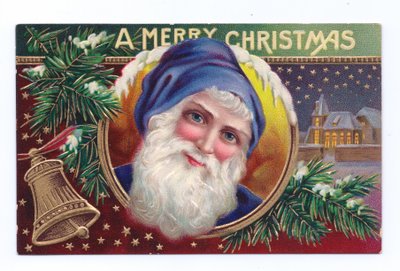 ヤドリギとベルを持ったファーザー・クリスマスのエドワーディアン・クリスマス・ポストカード 1910年頃（カラーリトグラフ） 作： English School