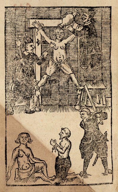 例 1475 f.1 アンボイナのオランダ人入植者は、1623 年の虐殺の前にイギリスの商人を拷問し、東インドにおけるイギリスの貿易を終わらせた (木版画) 作： English School