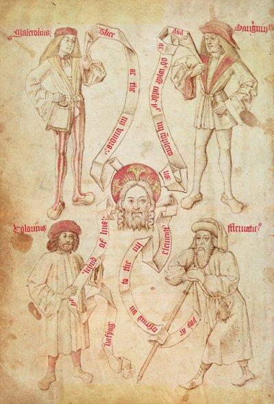 例 2572 f.51v The Four Humours、The Guild Book of the Barber Surgeons of York (velum) より 作： English School