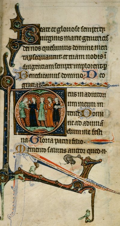 Egerton 1151 fol.47 イニシャル「D」にミュージシャンが住んでいる、「Egerton Hours」から、c.1260-70 (ベラム) 作： English School
