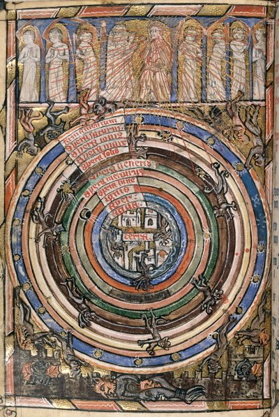 Egerton 2781、f.1v 天国と地獄の間の球体のテーブル、「ホーンビー時間のネビル」のイラスト、1340-50年頃（ベラム） 作： English School