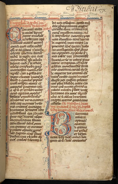 Egerton 3142、f.1r、モンマスの Geoffrey 作、Historia Regum Britanniae のイニシャル「B」が照らされたテキスト、c.1294 (ベラム) 作： English School