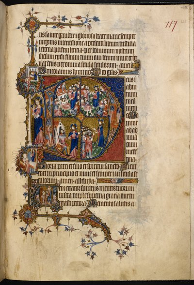 Egerton MS 3277、f.123r、Psalter and Hours (「Bohun Psalter」) (vellum) より、Terce に大きな歴史のあるイニシャル「D」(eus)。 作： English School