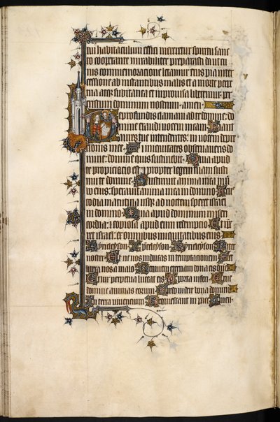 Egerton MS 3277、f.131v、「Bohun Psalter & Hours」（ベラム）より、祈りを捧げるボフンの女性、限界のライオンと城 作： English School