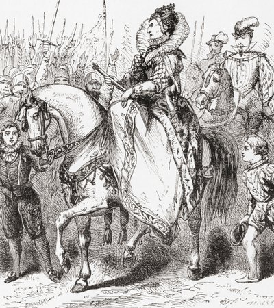 エリザベス1世は、ウォードアンドロックスのイラスト入りの歴史、パブのティルバリーポート（1588年）で彼女の軍隊を視察しています。 c.1882 作： English School