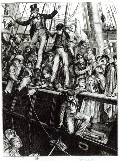 1869年12月18日の雑誌「The Graphic」より、オールドイングランドを去る移民 作： English School