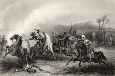 1858年に出版された「インディアン反乱の歴史」からの、2人の少佐ヒルズとセポイ騎兵の遺体との出会い 作： English School