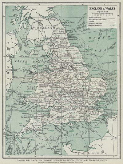 イングランドとウェールズ, 商品、商業中心地、交通路を示す地図（リトグラフ） 作： English School