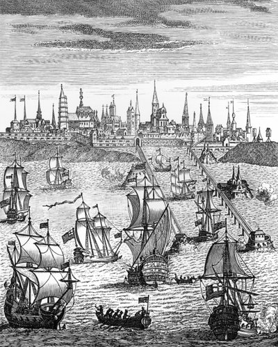 「アン女王の歴史（1665-1714）」のパブからダンケルクを所持するために兵士を運ぶイギリスの戦隊。 1740年に 作： English School