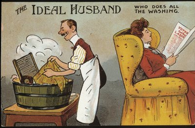 英語の漫画（理想の夫）：理想の夫（すべての洗濯をする人）-ポストカード、n.d.、1920年頃。 作： English School