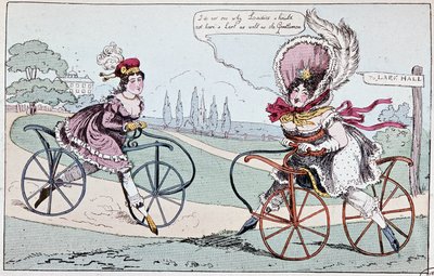 1819年の趣味の馬（最初の自転車）を題材にした英語の漫画 - ボードリ・ド・ソルニエの「Le cycling théorique et pratique」に掲載。 作： English School