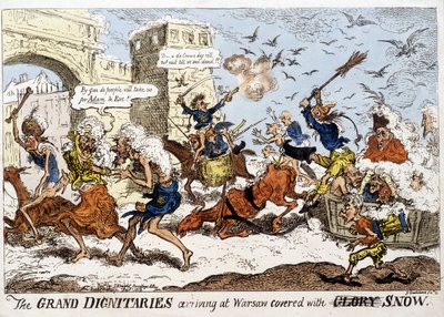 1812年12月のロシア撤退後、雪のワルシャワに到着したナポレオン軍を描いたイギリスの漫画。 作： English School