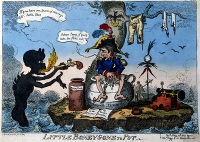 皇帝ナポレオン1世がエルバ島に亡命している様子を描いたイギリスの漫画。チャンバーポットの形をした新しいトローンに座り、悪魔から「使う勇気があるならピストルをくれ」と言われています。1814年5月 作： English School