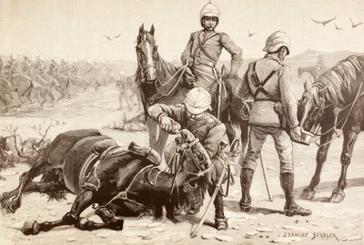 1880年代、スーダンのマフディスト戦争で馬に水を撒くイギリス騎兵隊（リトグラフ） 作： English School