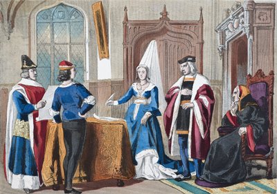 ウィリアム・ヒックマン・スミス・オーブリー（1858-1916）による「イギリスの国立および国内史」からの15世紀後半のイギリスの衣装は、ロンドンで1890年頃に出版されました 作： English School