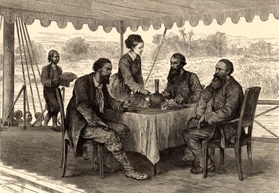 イギリスの探検家ジョン・ハニング・スピーク（1827-1864）とジェームズ・オーガスタス・グラント（1827-1892）、南スーダンのゴンドコロにて。 作： English School