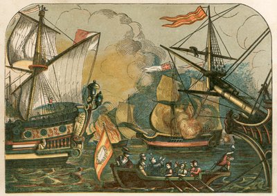 スペイン艦隊の間で燃えているイギリスの消防船 作： English School