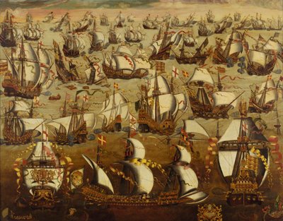 1588年8月、イングランド船とスペイン艦隊 作： English School