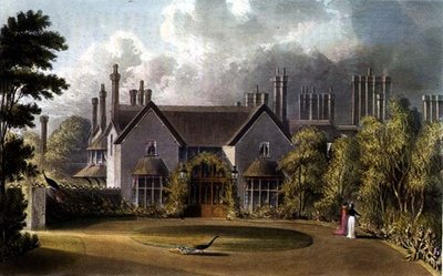 R.アッカーマン（1764-1834）の「芸術のリポジトリ」より「ウィンザー・グレート・パークの陛下のコテージの玄関前」。 作： English School