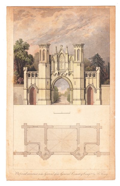 1839年頃にThe Lady Magazineが発行したハイゲート墓地への入り口。 作： English School