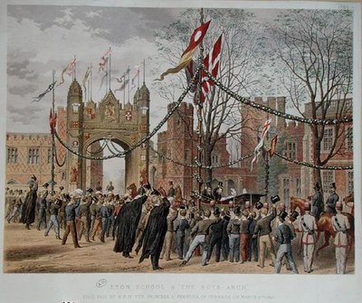 イートン校とボーイズ・アーチ。1863年3月9日、デンマークのアレクサンドラ王女(1844-1925)の訪問(彩色彫刻) 作： English School