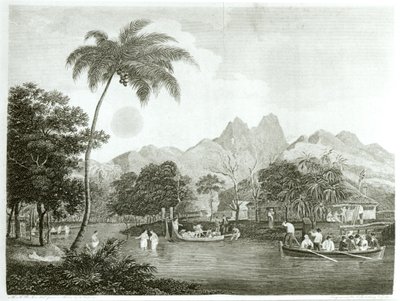 1796年から98年にかけて行われたシップダフで行われた宣教師の航海から南太平洋までのタヒチアンビレッジのヨーロッパ人宣教師、1799年発行 作： English School