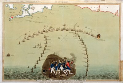 1805年10月21日、ローリー＆ウィットルによって出版された1805年12月12日、トラファルガー岬沖の記憶に残る戦い（色付きのアクアチント） 作： English School