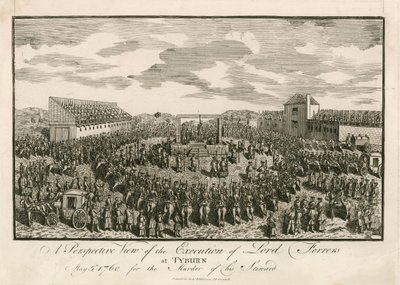 1760年5月5日、執事殺しの罪でタイバーンにて処刑されたフェラーズ卿（エングレーヴィング）。 作： English School