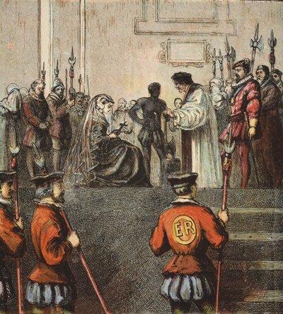 パブ、スコットランド女王メアリーの処刑。 1890年（カラーリトグラフ） 作： English School