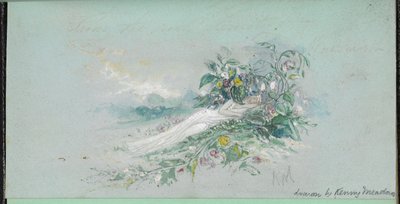 F.7: 花に囲まれた女性、「チャールズ・ディケンズの物語の場面を描いたスケッチブック」より (紙に水彩) 作： English School